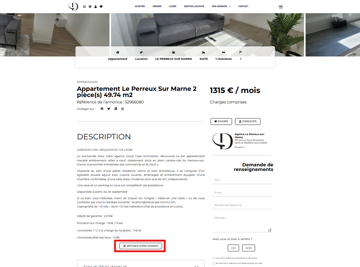 Fiche du bien sur le site Dolce Casa Immobilier, bouton « Déposer votre dossier » encadré en rouge