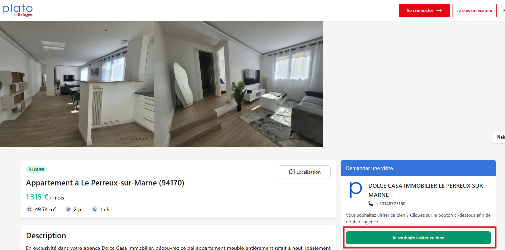 Plateforme Plato, bouton vert « Je souhaite visiter ce bien » encadré en rouge